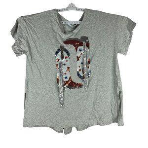 Blue b Collection Womens Heather Grey Tee Sequin Cowboy Boot Design & Fringe M